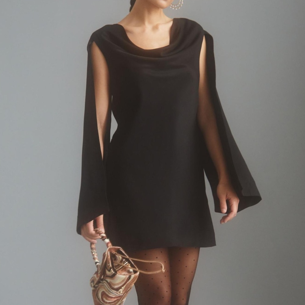 Maeve Cowl Neck Black Mini Dress Open Sleeves Womens Size 12